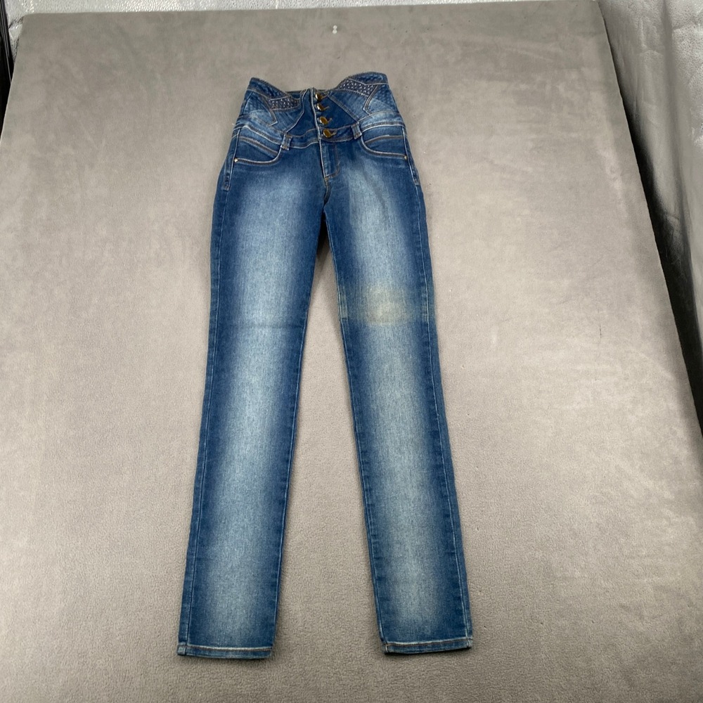 Cclon Jeans Womens High Waisted Skinny Rhinestone Y2K 00s Denim Blue Size 10/11